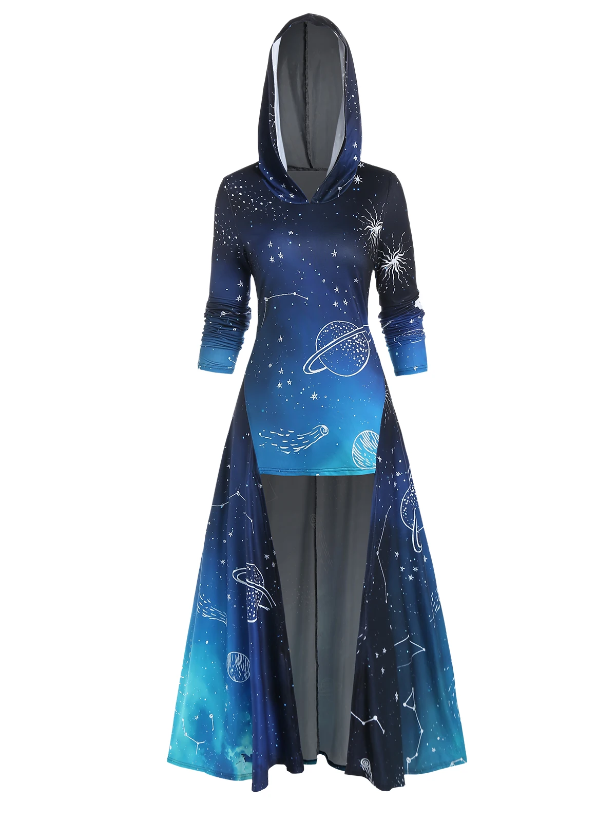 

Dress Asymmetric High Low Dress Autumn Longline Hoodie Allover Galaxy Star Planet Print Long Sleeve Dress Disfraz Halloween Niña