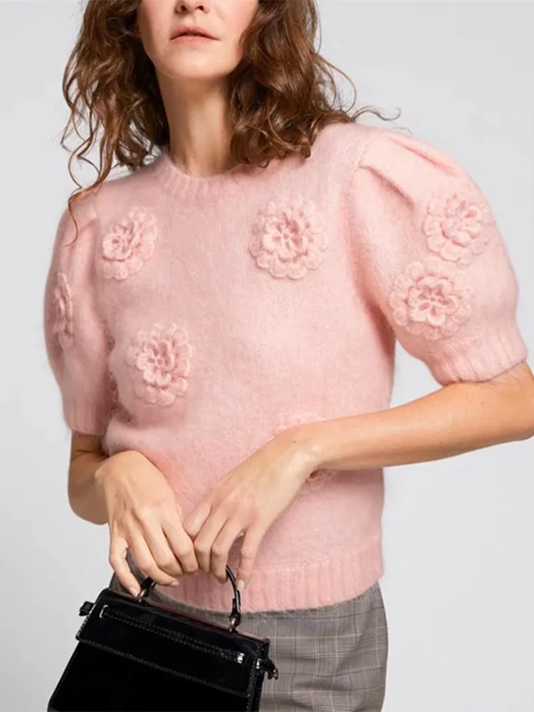 

Модный женский вязаный свитер с крючком на руку, новинка весны 2023, женский милый облегающий короткий пуловер с круглым вырезом и пышными рукавами, топы