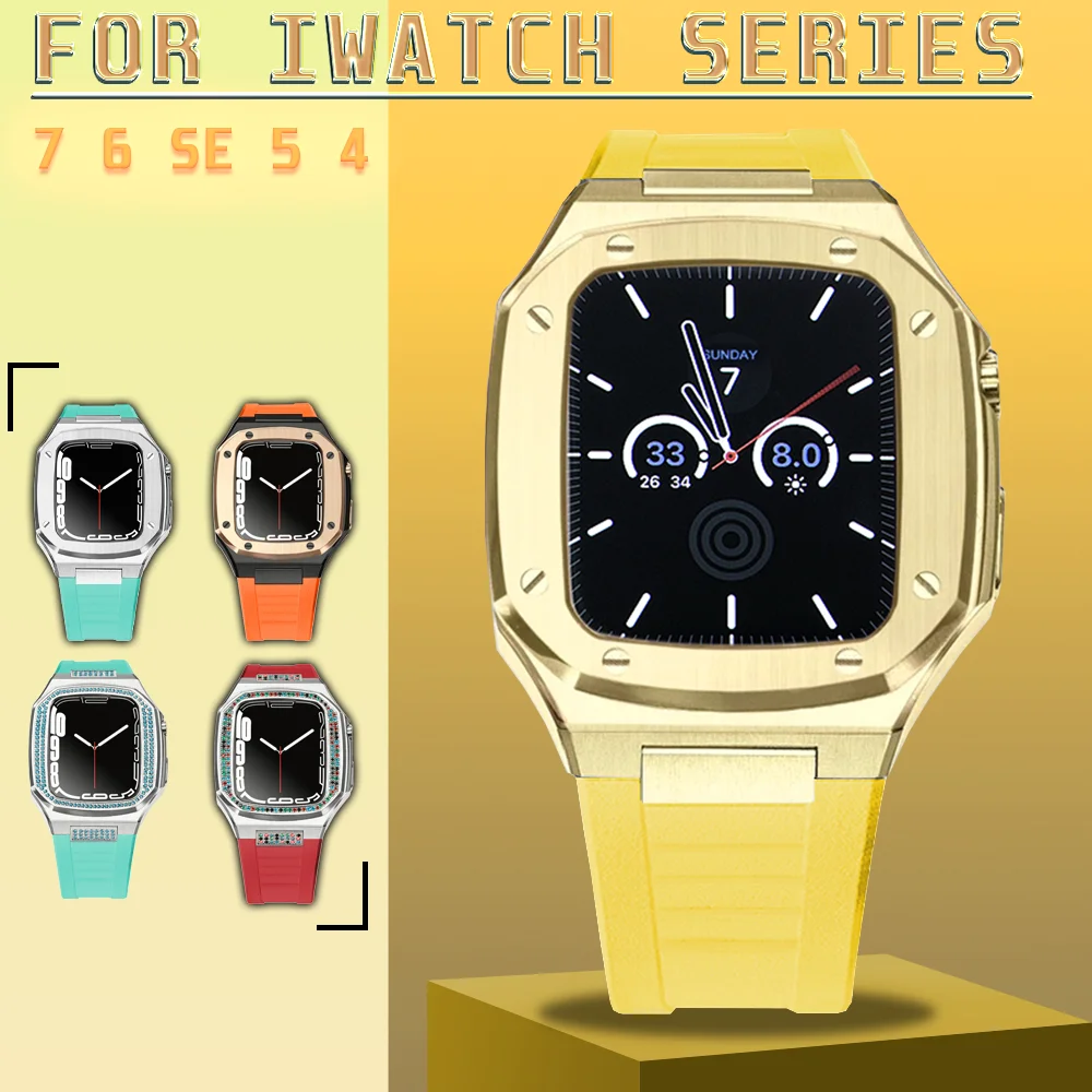Enlarge Metal Bezel for Apple Watch 44MM 45MM Bracelet for IWatch Series 7 6 SE 5 Diamond Style Case Rubber Watch Strap Modification Kit