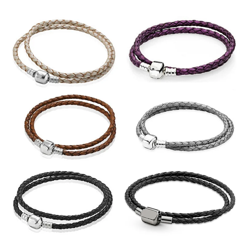 

Pan-Style Bracelet Women s925 Sterling Silver Loose Beads Double Loop Single Loop Leather Cord Basic Bracelet 2022 Trend Persona
