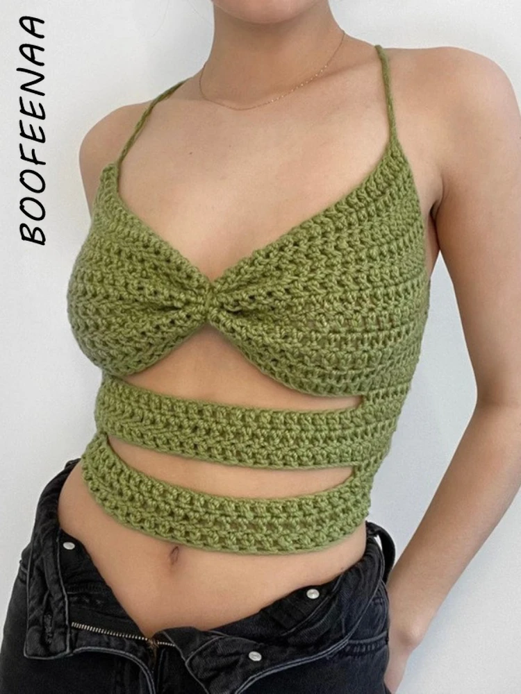 

BOOFEENAA Y2k женская летняя коллекция 2022 года, модная сексуальная майка с открытой спиной и завязкой, зеленая, белая женская кофта