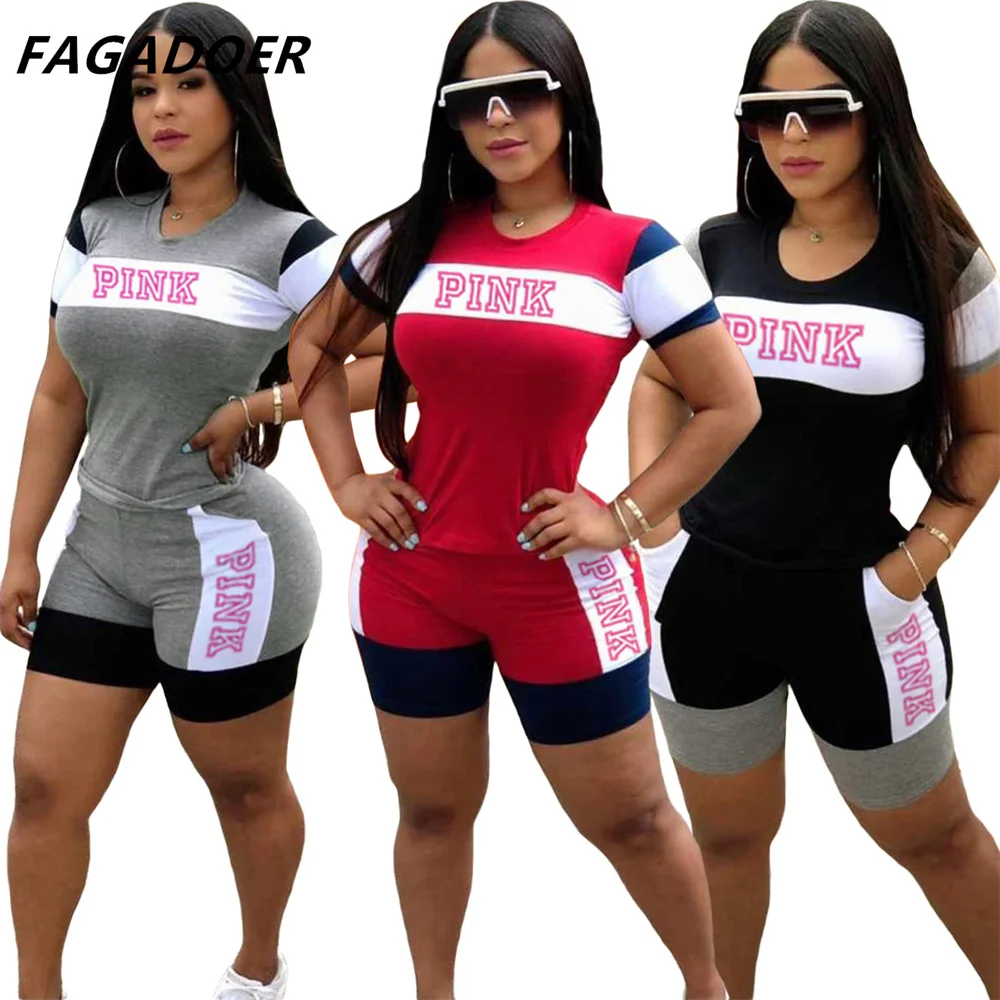 

FAGADOER Casual Pink Letter Print Women Two Piece Set New Summer Short Sleeve T-Shirts And Skinny Pants 2pcs Outfits 2022 New