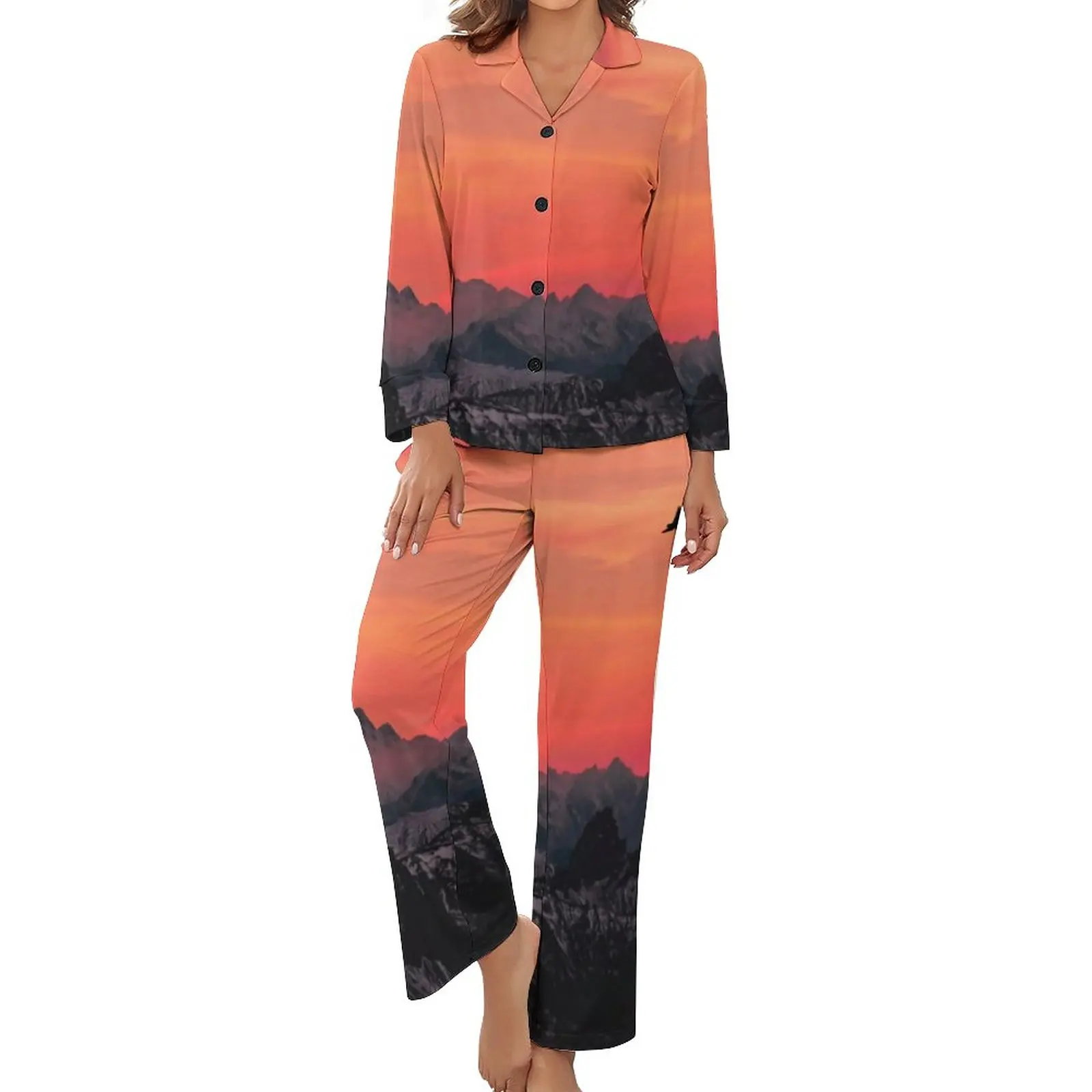 

Осенние пижамы с принтом гор, 2 предмета, оранжевый закат, милые пижамные комплекты, женская повседневная одежда для сна с длинным рукавом и ...
