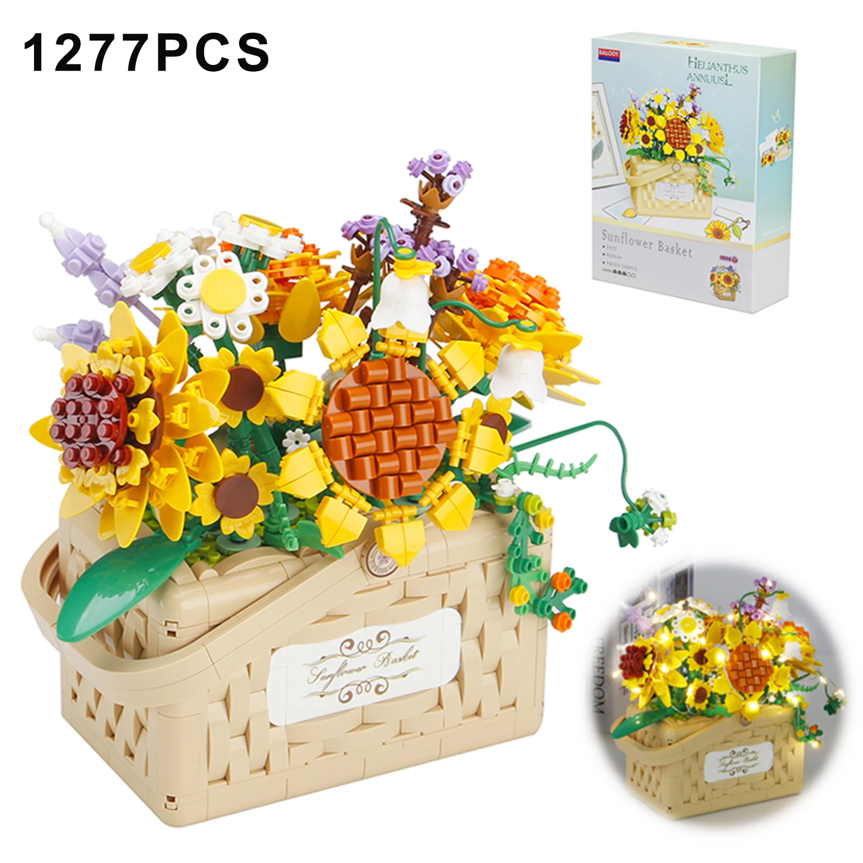 

1277PCS Sunflowers Bonsai Building Blocks Flower Bouquet with Basket Mini Assemble Bricks Toys Birthday Gifts For Kid Girl