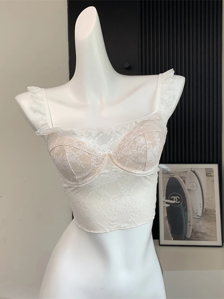 

Пикантный прозрачный кружевной дизайнерский женский жилет на бретелях с оборками в стиле пэчворк винтажный Лидер продаж для девушек майка Харадзюку Клубная уличная одежда