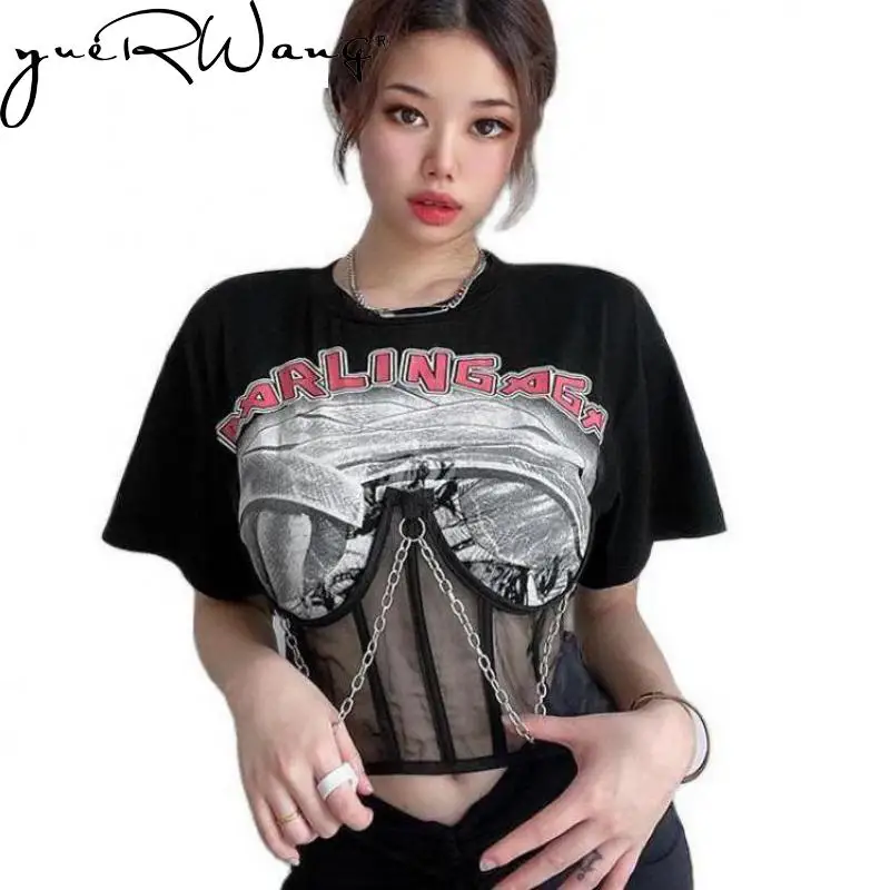 

Getspring Women T Shirt Patchwork Cotton Corset T Shirt Ladies Sexy All Match Short Black T-shirt Tops Woman 202A2 Fashion New