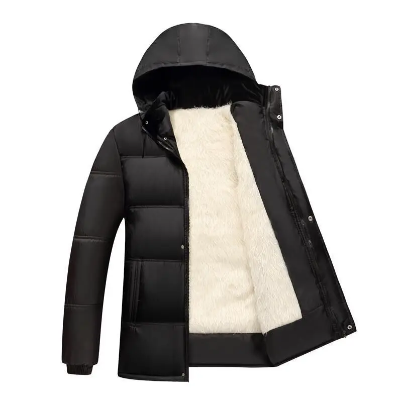 Plus Size Cold Winter Outdoor Men Plush Thicken Parkas Coat Black Colour Lamb Fluff Lining Hooded Middle Elderly Aged Clothing