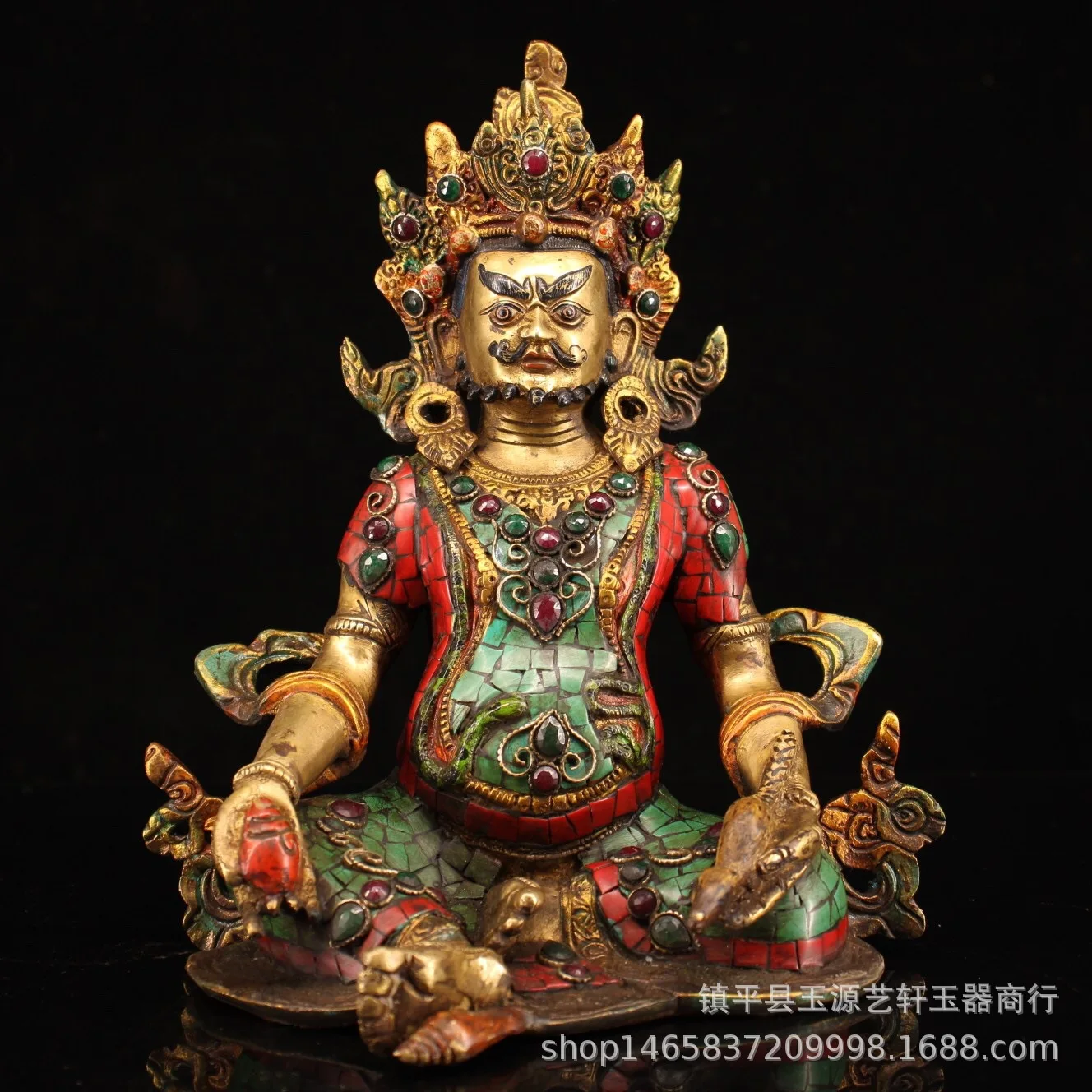 

9.8" Collect Chinese Bronze Inlaid Gem Yellow jambhala God of Wealth Statue
