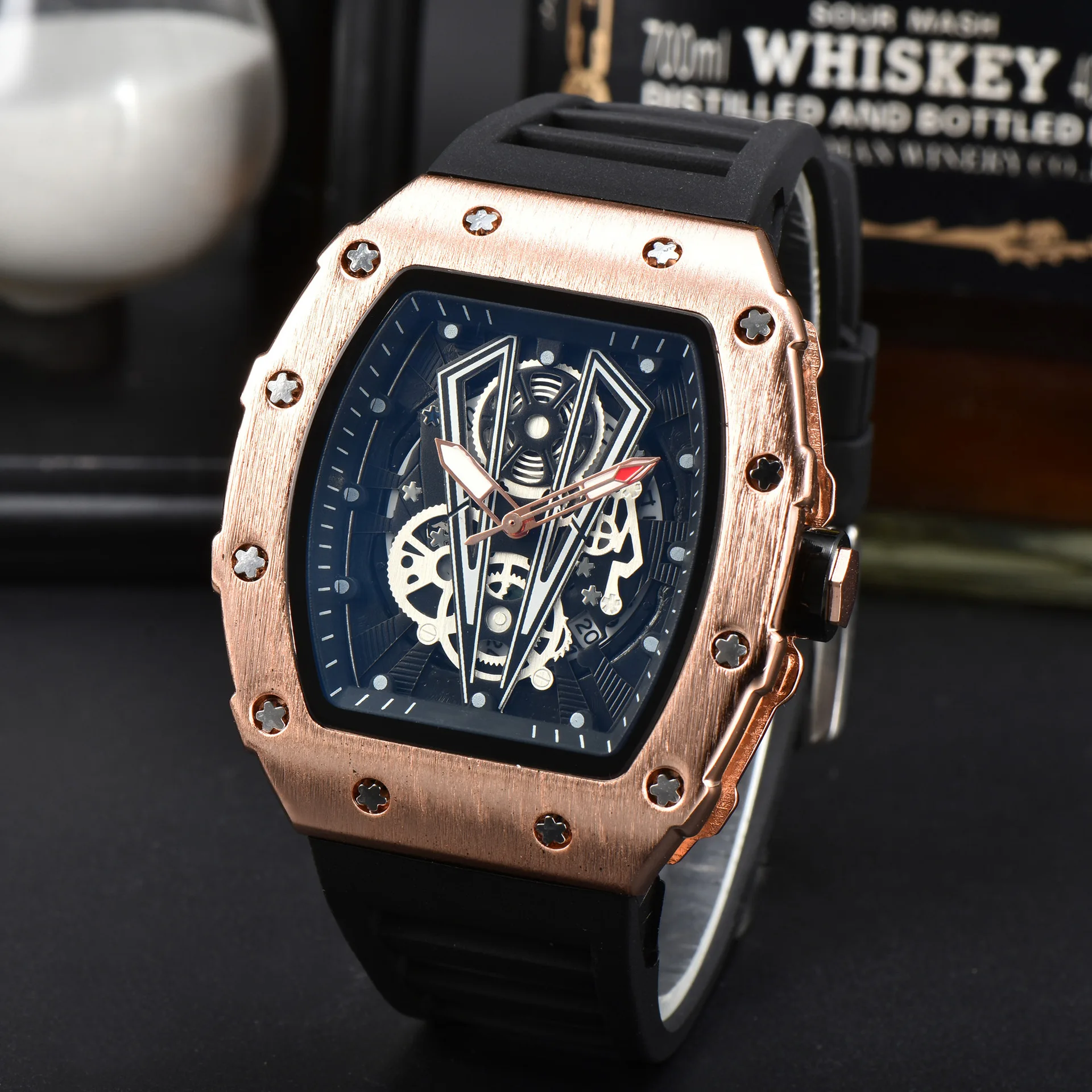 

Часы Reloj Hombre Top RM мужские наручные, роскошные брендовые Модные кварцевые, с 3 контактами, в форме бочонка вина