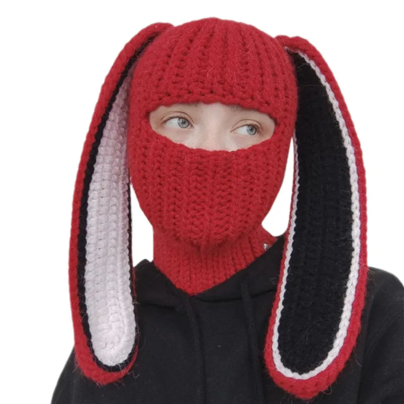 

Family Matching Knitted Hat Winter Warm Contrast Color Woolen Cap Fedoras with Rabbit Ears for Kids Adults Mother Daughter