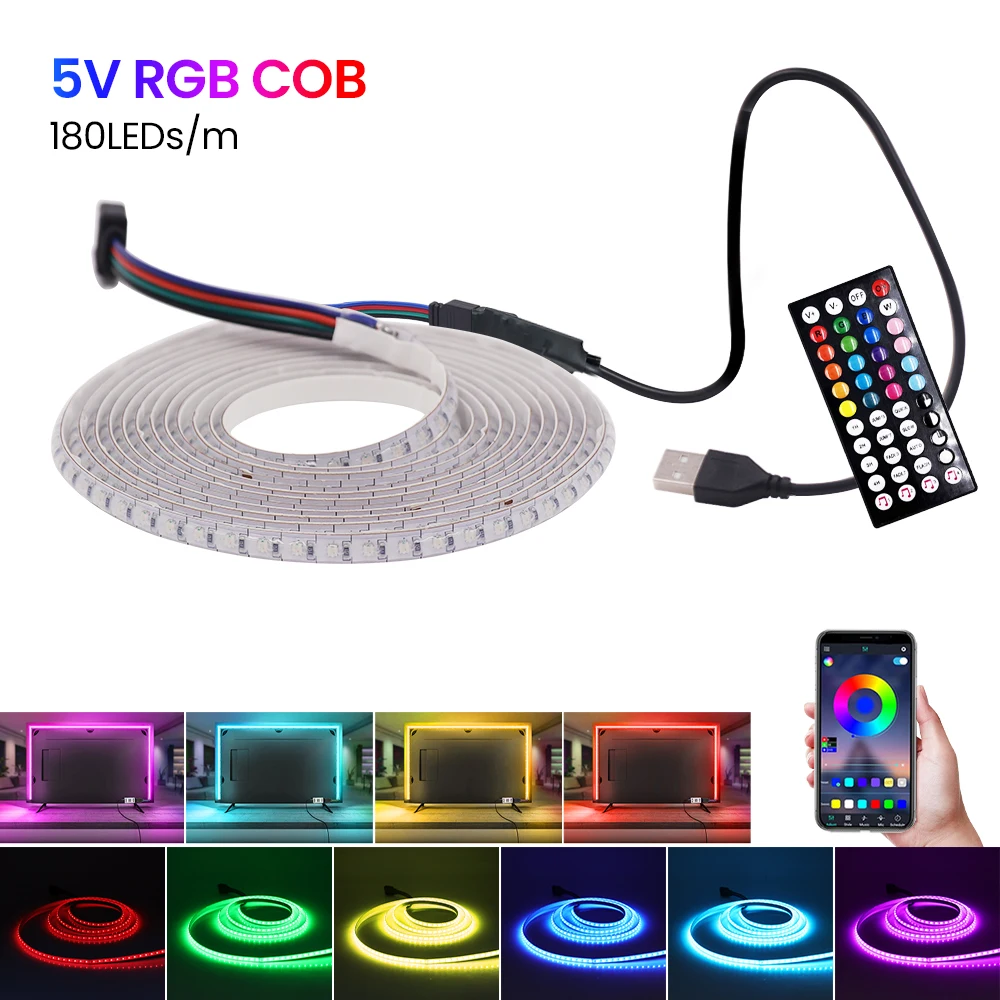Фото Светодиодная лента COB RGB 5В, 5 мм, 180 светодиодов/м, с Bluetooth-управлением через приложение, 44-клавишным пультом ДУ, USB-контроллером, комплект 0.5/1/2/3/4/5 м с 4-контактными ленточными кабелями №4