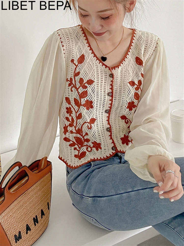 

Женская шифоновая блузка с вышивкой, элегантная винтажная блузка составного кроя с вырезами, модель BL1668JM в Корейском стиле на весну и лето, ...