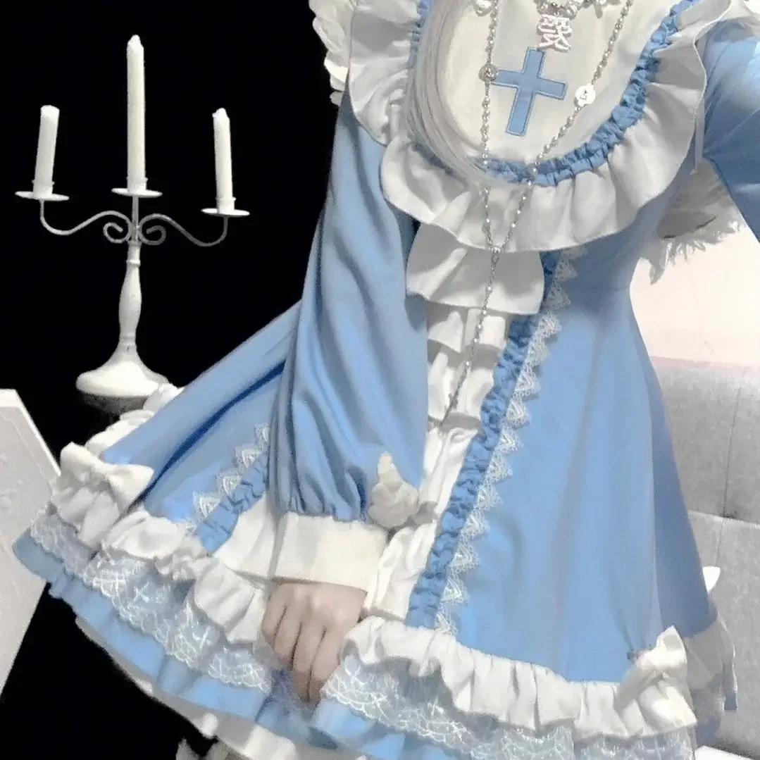 

Blue White Patchwork Princess Dresses Girl Harajuku Tea Party Mini Dress Japanese Gothic Lolita OP Dress Women Kwaii Bow Ruffles