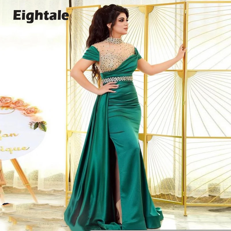 

Eightale Arabic Evening Dress High Neck Beaded Mermaid Prom Gown Short Sleeves Satin Formal Wedding Party Dubai robe de soiree