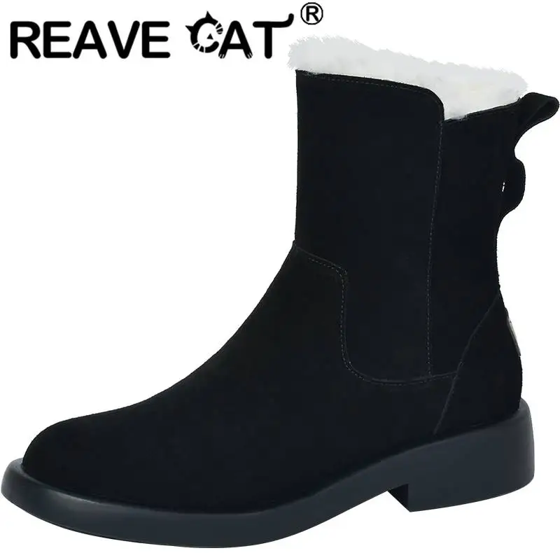 

REAVE CAT Snow Boots For Female Round Toe Zipper Wool Cow Suede Warm Thicken Plush Fur 40 Concise Winter Booties Daily Slides
