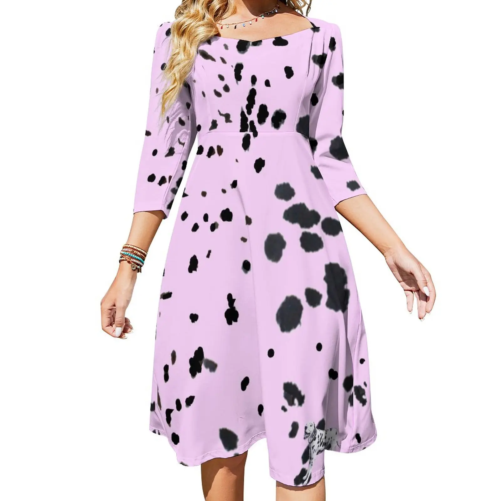 

Pink Dalmatian Print Dress Summer Polka Dots Retro Dresses Woman Three Quarter Stylish Graphic Big Size Casual Dress