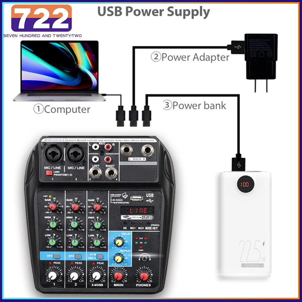 

A4 Sound Mixing Console Bluetooth-compatible USB Record Computer 48V Phantom Power Delay Repaeat Effect 4 Channels Audio Mixer