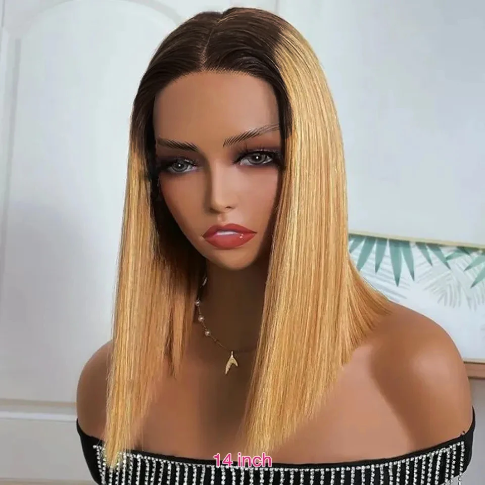 Honey Blonde Wig Straight Bob Wig 13*4 Ombre Human Hair Wigs Brazilian Remy Hair Tow Tone Wig For Women Deep Part With Baby Hair
