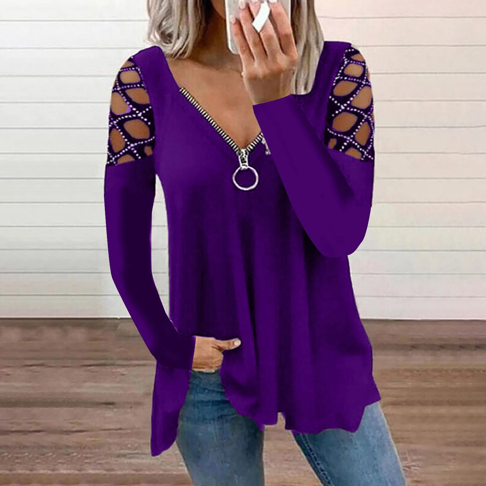 

2022 Women Purple Sexy Blouse With Rhinestone Hollow Out Zip Up Shirts Top Long Sleeve Bling Bling Pleated Blouses Tunics
