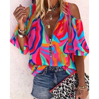 fashion abstract print zip front cold shoulder top shirt women casual elegant top femme vintage casual blouses for beach wear