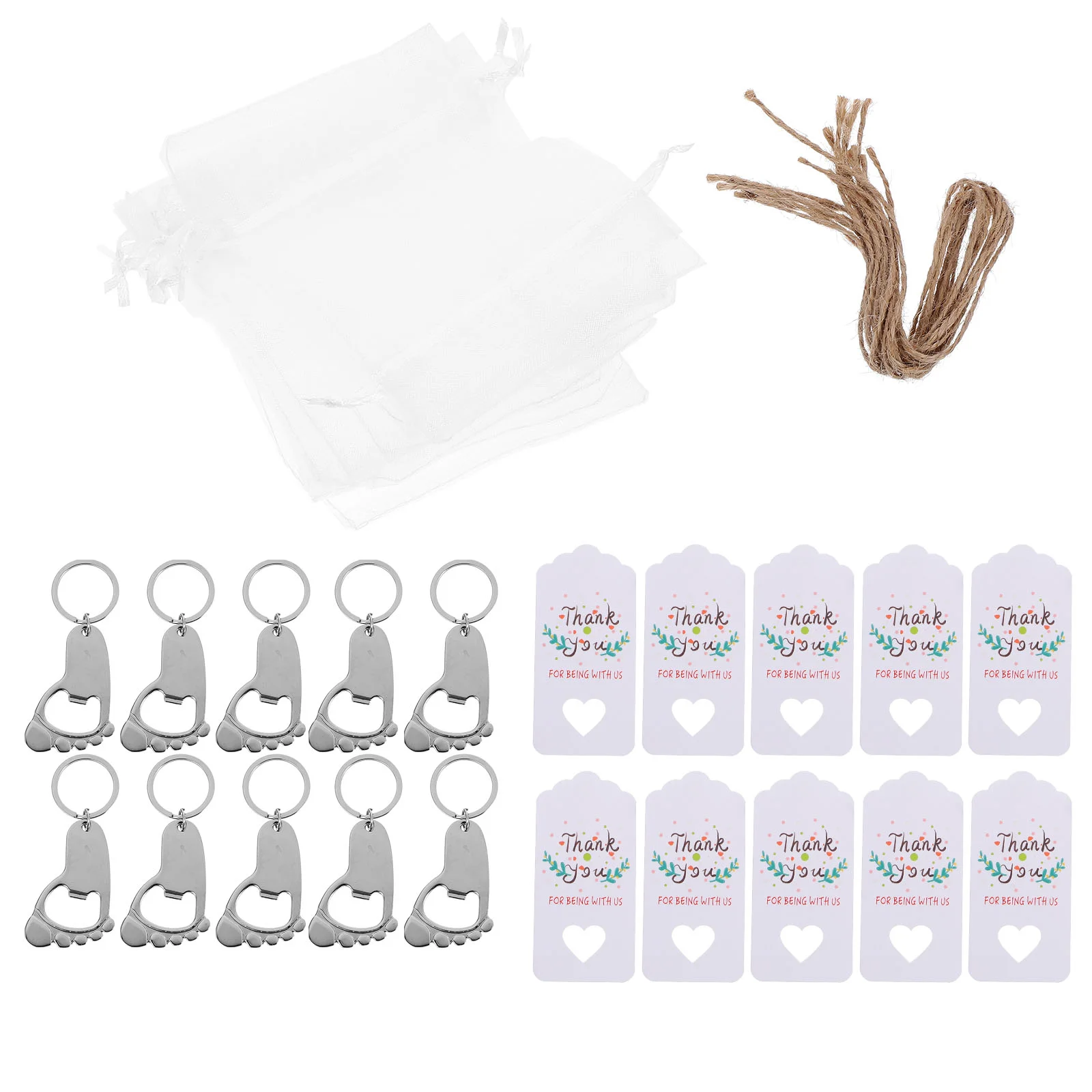 

10 Sets Infant Footprint Keyring Bottle Openers Portable Storage Bags Ropes Thank Tags Party Favors Baby Shower for Guests
