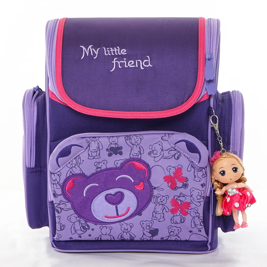 Детские брендовые школьные ранцы с мультипликационным медведем 1-001 для девочек, учеников начальной школы, детские фиолетовые школьные сумк...
