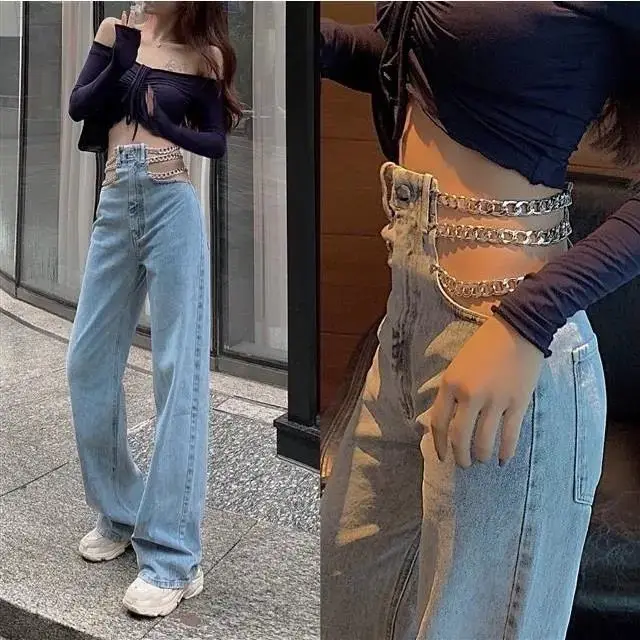 

Super hot iron chain hollow chain jeans female high waist draped straight loose skinny design sense pants wide leg pants XL