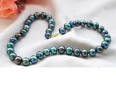 

fine jewelry 17" 10mm natural round peacock black freshwater pearls necklace