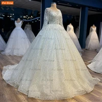 glitter long sleeves wedding dress for women 2022 vestido de novia o neck ball gown bride dresses lace up beading hochzeitskleid