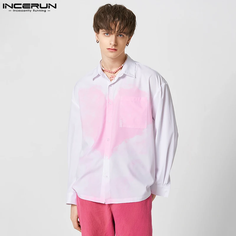

INCERUN Tops 2023 American Style Handsome Men's Halo Dyed Love Pattern Printing Shirts Casual Party Hot Sale Long Sleeve Blouse