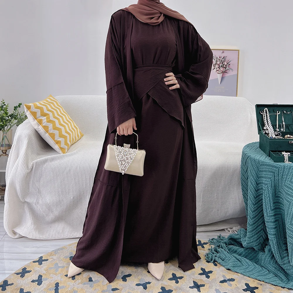 Muslim Long Short Sleeve Dress+Cardigan+Belt Three Set Fashion Islamic Dubai Turkish Modest Abaya Dresses For Women Ramadan
