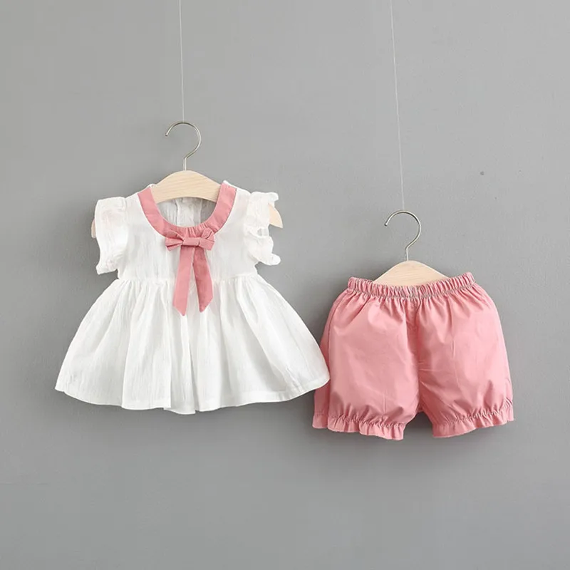 

1-3 Years Girls Sleeveless Collar Bow Top with Pants Set Children Girl Clothing