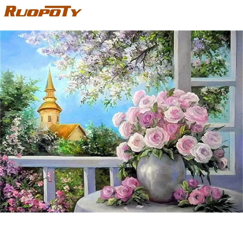 

RUOPOTY DIY Coloring By Number Flower Kits Painting By Number DIY Frame Modern Drawing On Canvas HandPainted Art Gift
