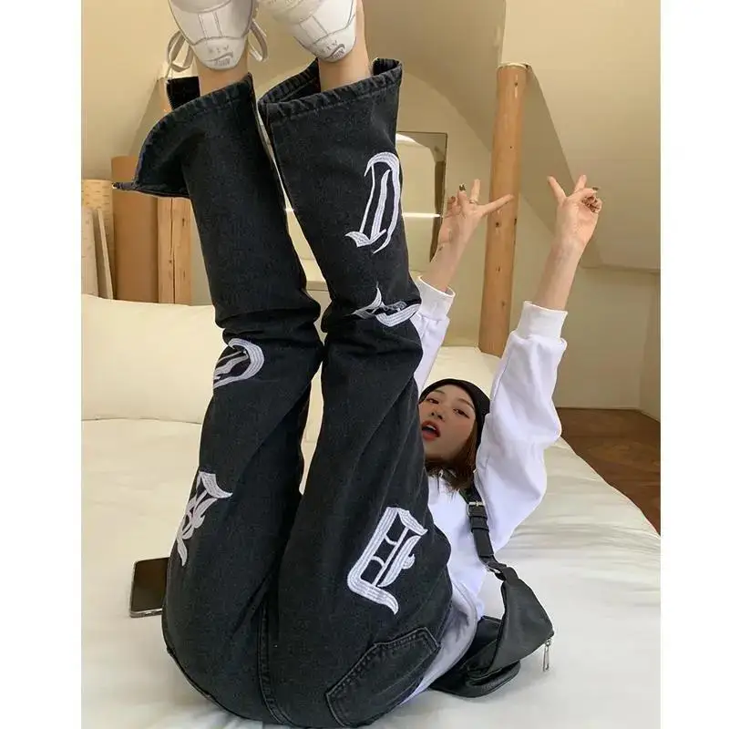 

Design sense high waist large size zipper street embroidery straight jeans women loose and thin wide leg high street pants trend