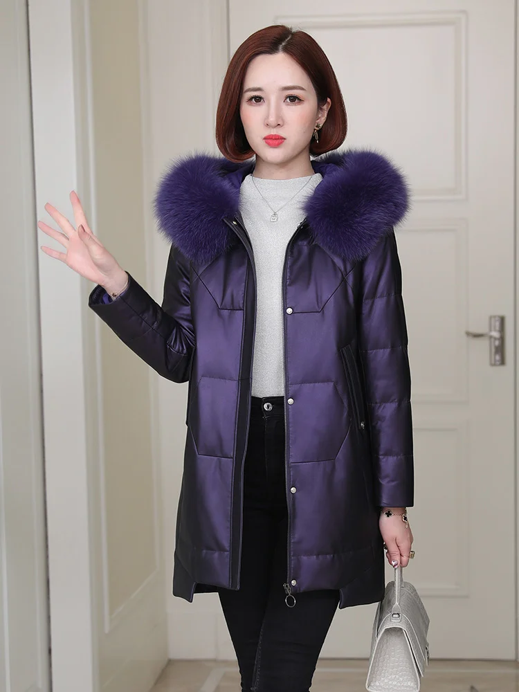 

Leather jacket,90% White Duck Down Women's Down Jackets Fox Fur Collar Hooded Coat Female Real Sheepskin Leather Woman Jacke2023