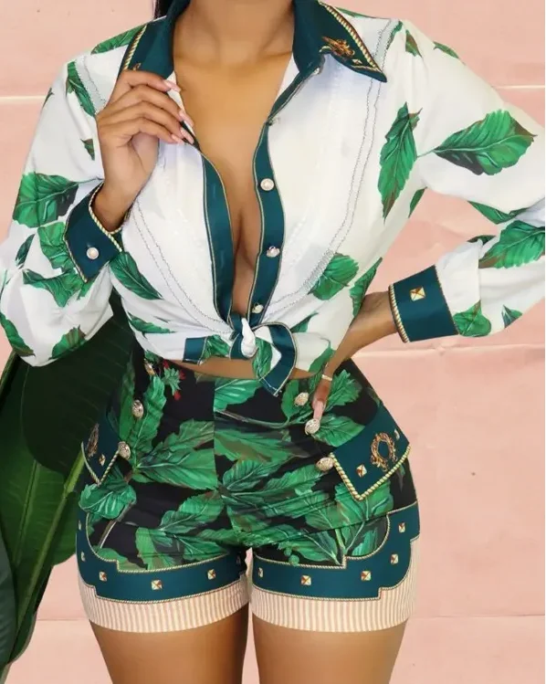 

Women 2pcs Clothes Suit Single Breasted Plants Print Long Sleeve Shirt & High Waist Shorts Set Button Shirts Top Summer Spring