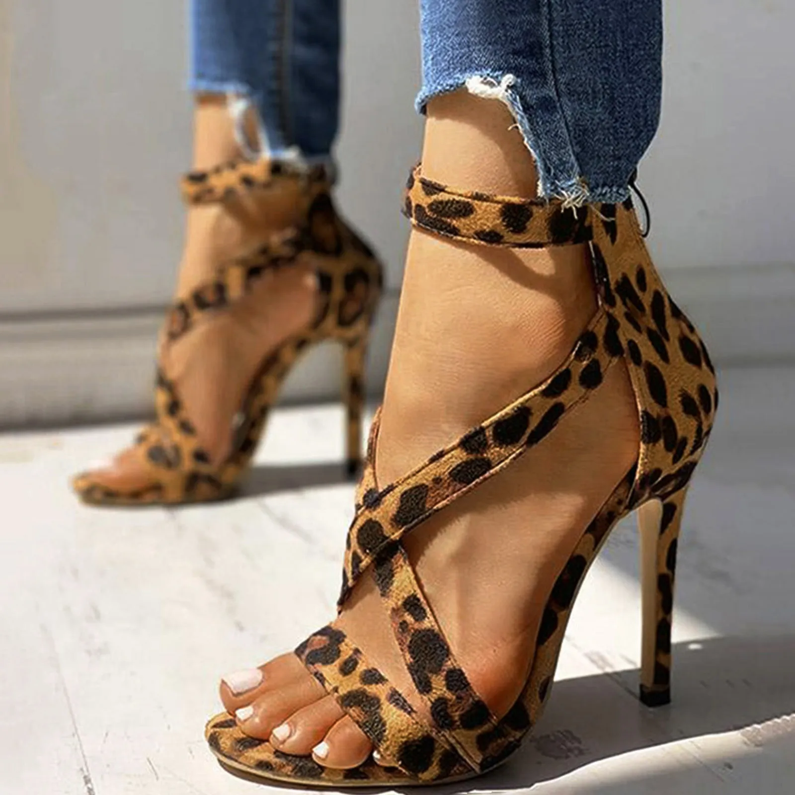

High Heels Shoes Leopard Print Zipper Women Ankle Strap Sandals Open Toe Party Sandalias Female Non-slip Footwear Platform Shoe
