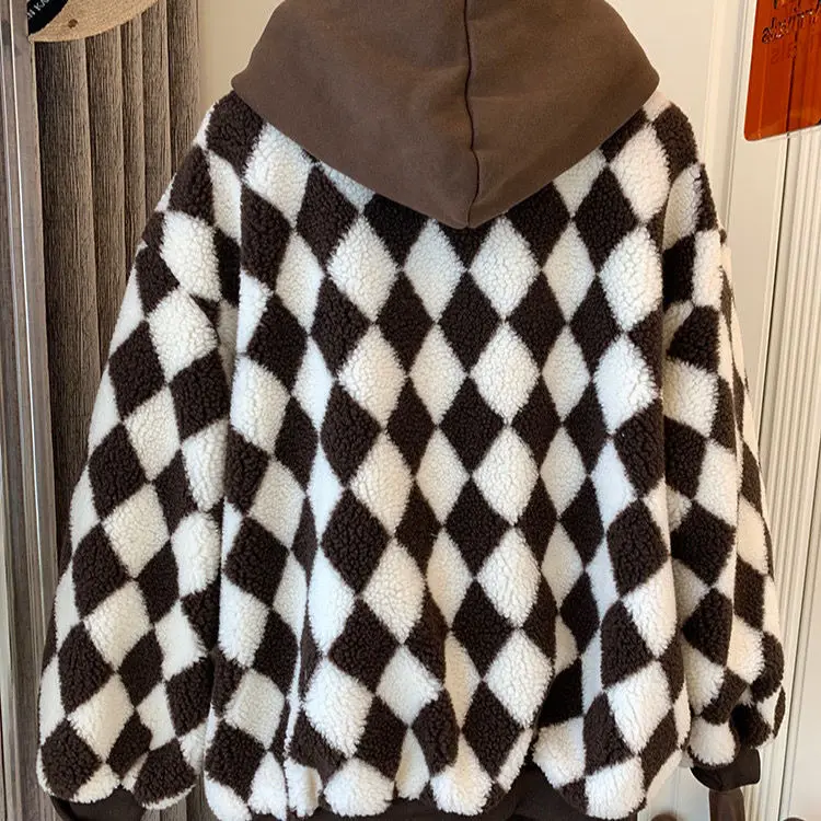 2022 Winter New Warm Retro Checkerboard Lamb Wool Coat Female Personality Street Casual Hooded Loose Fake Two-piece Coat