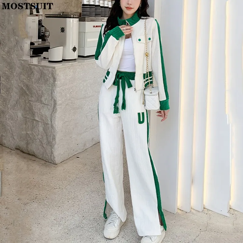 

Spring Autumn Sport Casual Pant Sets Women Zip-up Jacket & Wide Leg Pants Tracksuits Fashion Loose Female 2 Piece Pant Sets