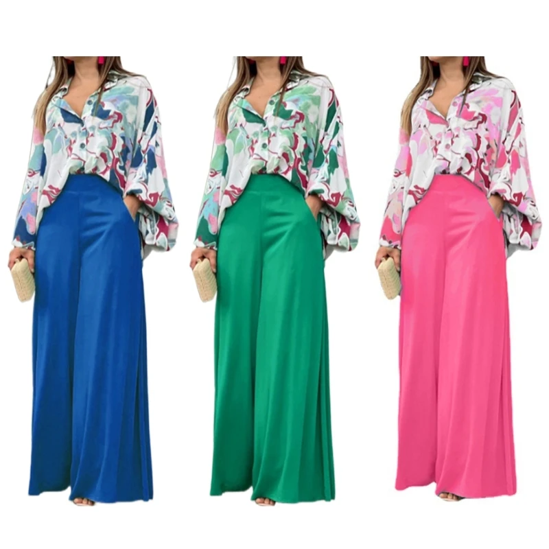 

New style Summer Elegant Womens Floral Long Sleeve Shirts Wide Leg Pants 2 Piece Set