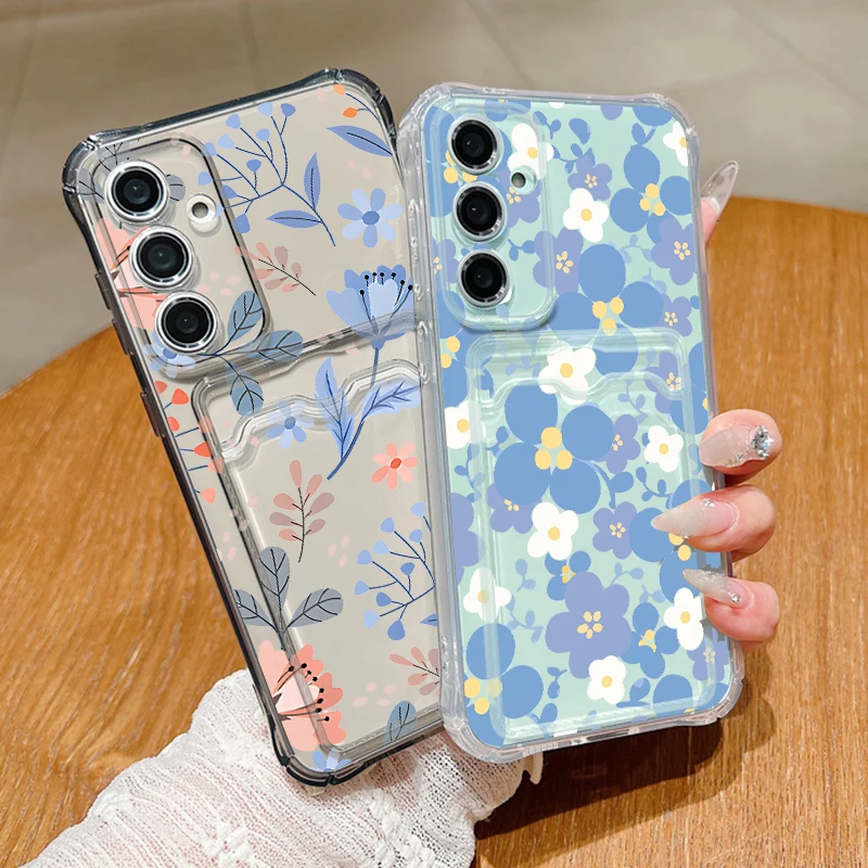Фото Чехол для телефона из ТПУ с карманом для карт для Samsung Galaxy S26 S25 S24 Ultra S23 S25 FE A57 A37 A17 A56 A55 A16 A54, синий, с цветочным принтом №2