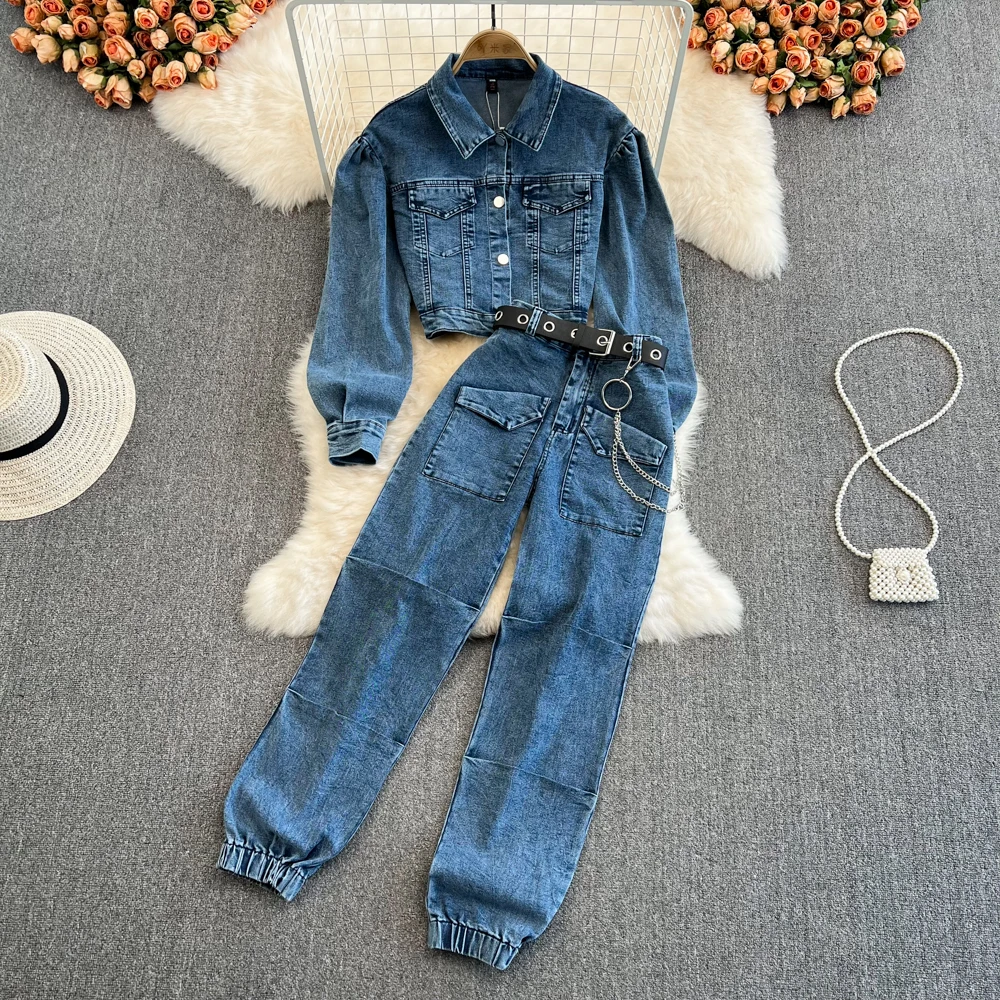 

Fashion Sets Women Retro Turn Down Collar Long Sleeve Short Denim Jackets + Chic High Waist Wide Leg Jeans Two-Piece Sets