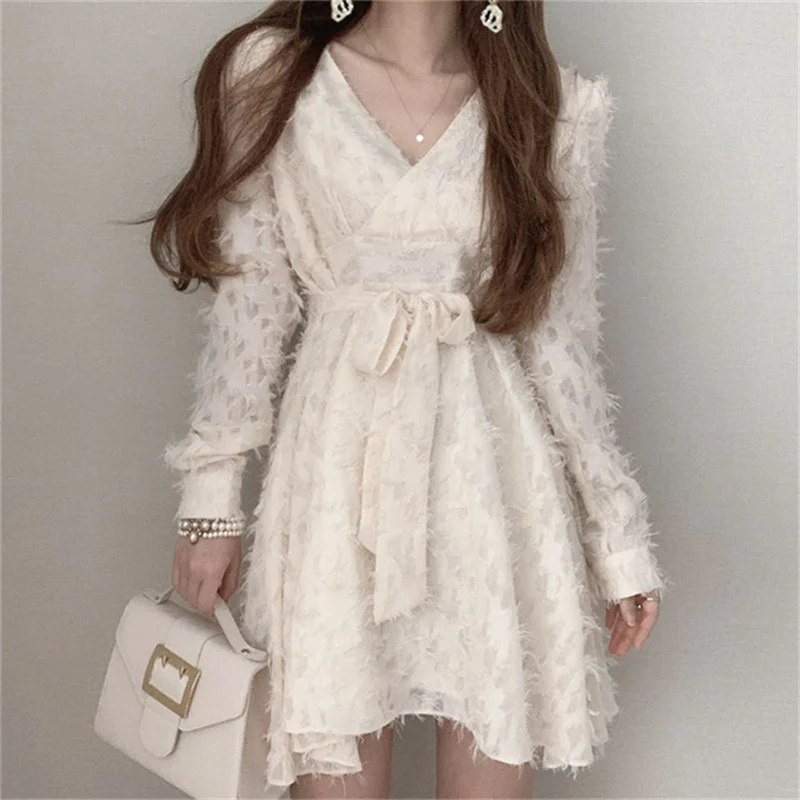 

Feather Women Spring Dresses with Belt Women Long Sleeve V-Neck A-Line Party Mini Dress Sexy Elegant High Waist Black Pink F058