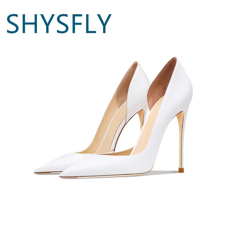 

SHYSFLY Genuine Leather Designer Dress Shoes For Ladies Pointed Toes Stelletos Hollow Out High Heel Big Size Women Pumps Wedding