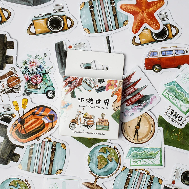 

40Packs Wholesale Mini Box Stickers Supplies Decorative Around the World handmade Closure Material Scrapbooking 64*44mm