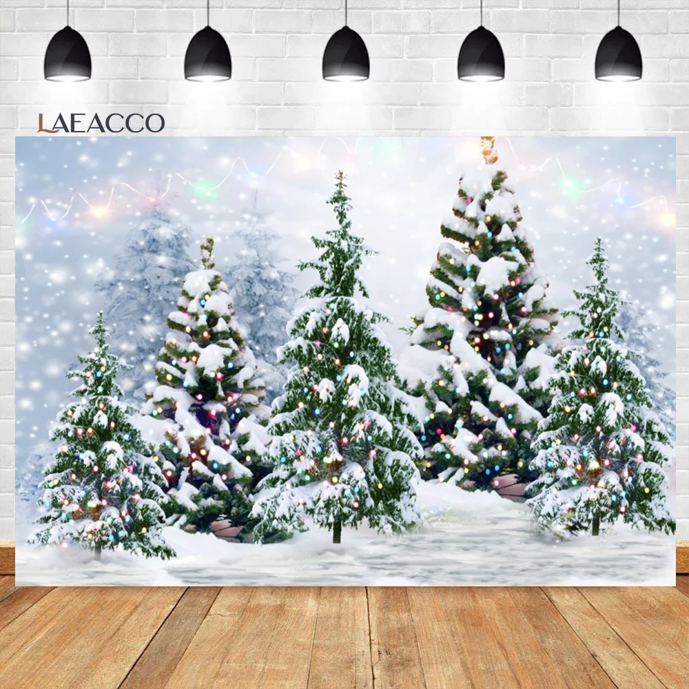 

Laeacco Winter Snow Scene Backdrop Wonderland Snowflake Bokeh Glitter Christmas Tree Family Kids Portrait Photography Background