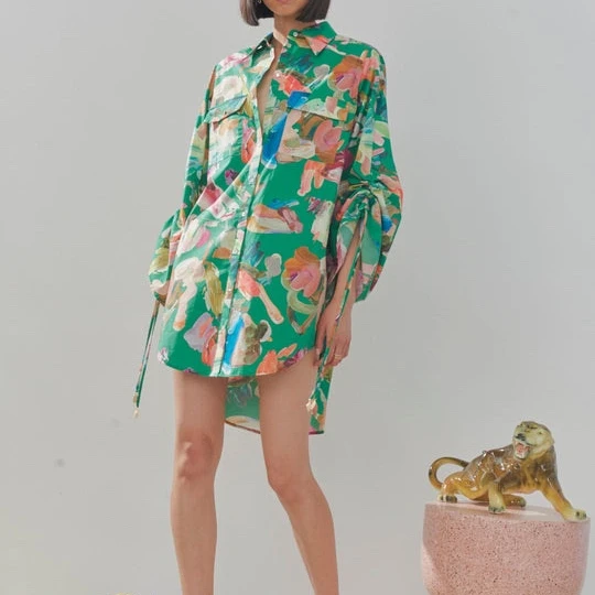 

Beach Shirt 2022 Summer Organic Cotton Ease Painting Print Adjustable Drawstring Gathering Sleeve Classical Green Blouse Lady