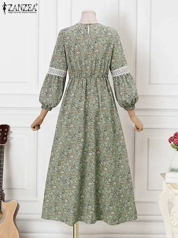 ZANZEA Eid Mubarek Muslim Sundress Bohemian Floral Printed Dress Long Sleeve O-Neck Woman Vintage Maxi Robe Ruffles Vestidos