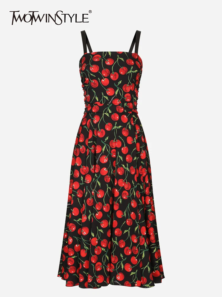 

TWOTWINSTYLE Temperament Printing Dresses For Women Square Collar Sleeveless Tunic Chic Casual Dress Female Fashion Clothing New