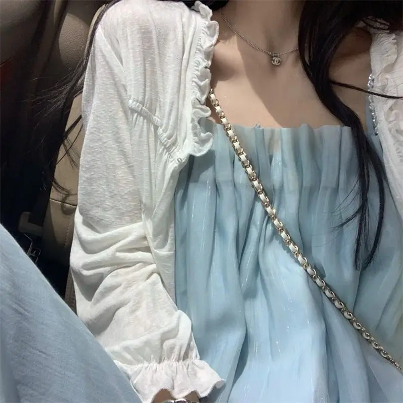 

Women's Casual Coats Spring Summer Tops Solid Open Front Ruffled Cotton Shrug Formal Party Elegant Lady Bolero Coat White